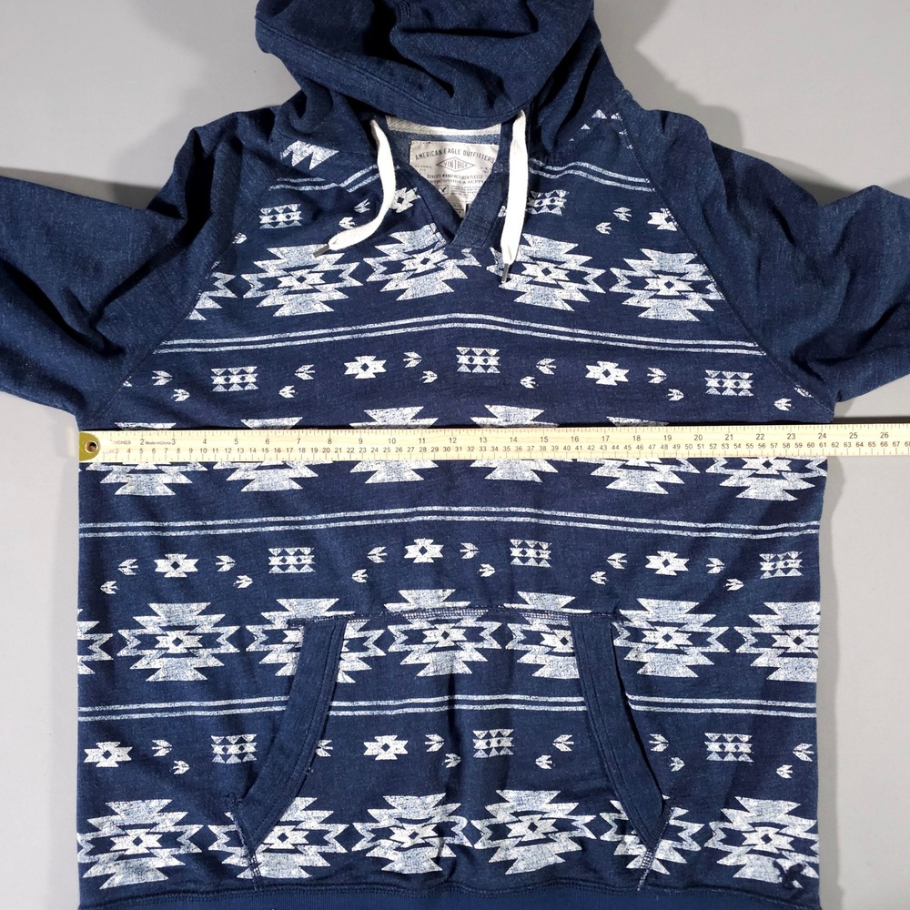 American Eagle Hoodie Mens Large Blue Southwestern Tribal Print Pullover Fleece - Picture 4 of 6
